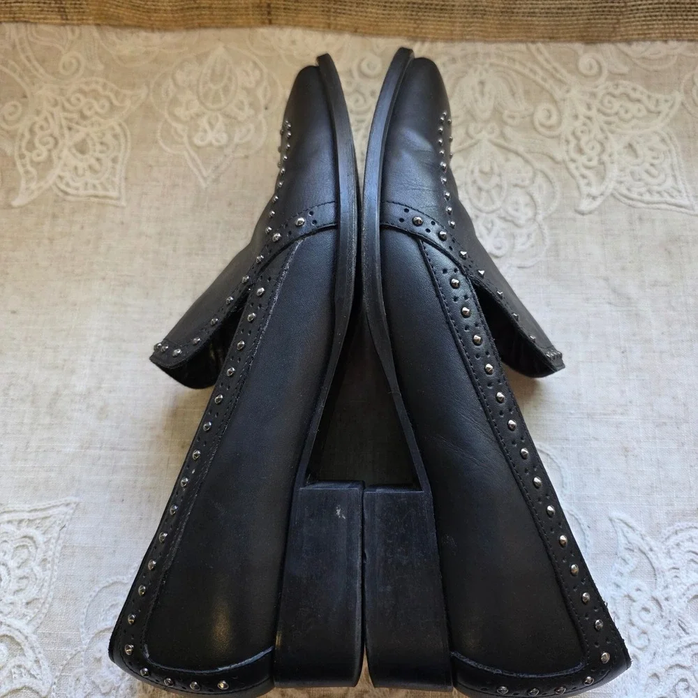 AllSaints Leather Studded Loafers 39 8.5 Black Silver Stud Slip On Shoe Portugal